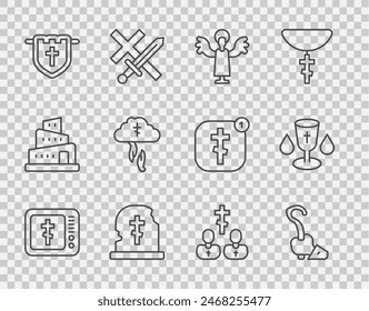 Set line Online church pastor preaching, Magic staff, Angel, Grave with tombstone, Flag christian cross, God's helping hand, Priest and Christian chalice icon. Vector