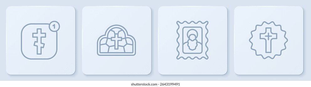 Set line Online church pastor preaching, Christian icon, Stained glass and cross. White square button. Vector