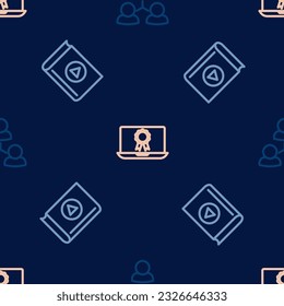 Set line Online class, Audio book and education with diploma on seamless pattern. Vector