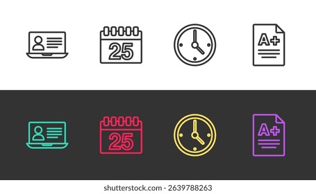 Set line Online class, Calendar, Clock and Exam sheet with A plus grade on black and white. Vector