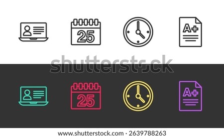 Set line Online class, Calendar, Clock and Exam sheet with A plus grade on black and white. Vector