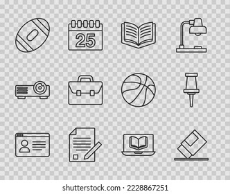 Fijar la línea Clase Online, Borrador o goma, Libro abierto, Hoja de examen y lápiz, Fútbol americano, Maletín y icono del pin Push. Vector