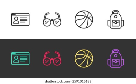 Set line Online class, Glasses, Basketball ball and School backpack on black and white. Vector