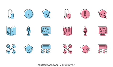 Set line Online class, Graduation cap on globe, Computer mouse, quiz, test, survey, Microphone, education, Open book and Information icon. Vector