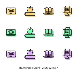 Set line Online class, Graduation cap on laptop, Book with apple and quiz, test, survey icon. Vector