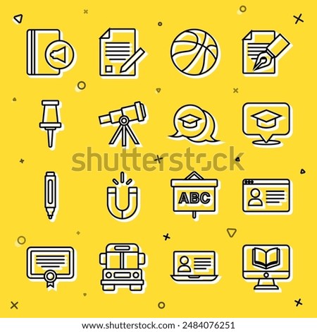 Set line Online class, Graduation cap speech bubble, Basketball ball, Telescope, Push pin, Audio book and  icon. Vector