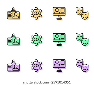 Set line Online class, Identification badge, Molecule and Comedy and tragedy masks icon. Vector