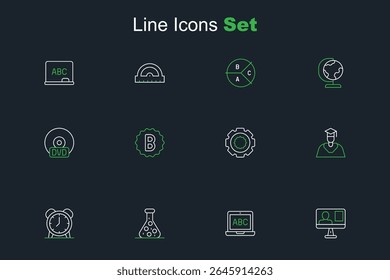 Set line Online class, Laptop, Test tube, Alarm clock, Graduate and graduation cap, Gear, Exam paper with incorrect answers and CD DVD disk icon. Vector