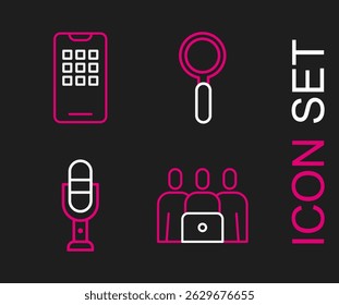 Set line Online class, Microphone, Magnifying glass and Mobile icon. Vector