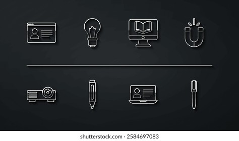 Set line Online class, Movie, film, media projector, Magnet, Marker pen, Light bulb with idea, Pen and  icon. Vector