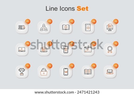 Set line Online class, Open book, Graduation cap on mobile, Student working laptop, Award cup, education with diploma, play video and quiz, test, survey icon. Vector