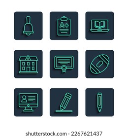 Set line Online class, Pencil with eraser, Marker pen, Certificate template, School building, Ringing bell and American Football ball icon. Vector