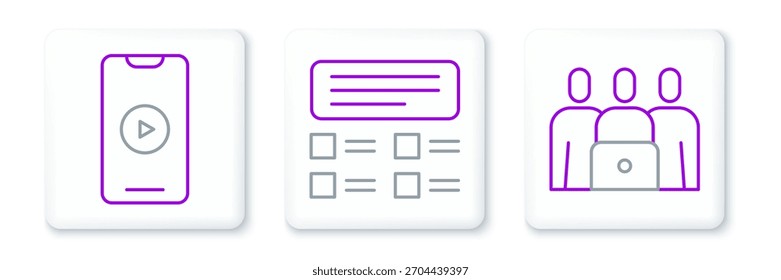 Definir a linha Classe online, reproduzir vídeo e questionário, teste, ícone de pesquisa. Vetor