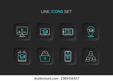 Set line Online class, quiz, test, survey, Student working at laptop, education, Graduation cap and play video icon. Vector