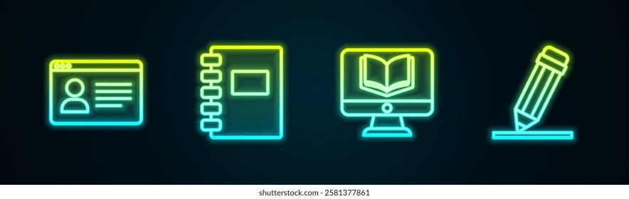 Set line Online class, Spiral notebook,  and Pencil with eraser. Glowing neon icon. Vector