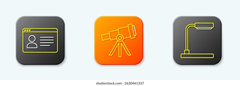 Set line Online class, Telescope and Table lamp icon. Vector