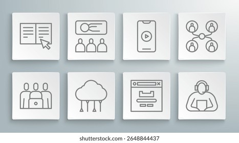 Set line Online class, Training, presentation, Network cloud connection, Browser window, Student, play video,  and book icon. Vector