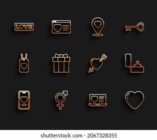 Set line Online dating app and chat, Gender, Love text, Dating online, Heart, Gift box, Diamond engagement ring and Amour with heart arrow icon. Vector
