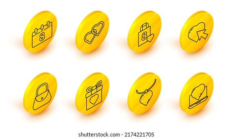 Set line Online dating app and chat, Necklace with heart shaped pendant, Gift box, Handbag, Heart cursor click, Shopping, Two Linked Hearts and Calendar 8 March icon. Vector