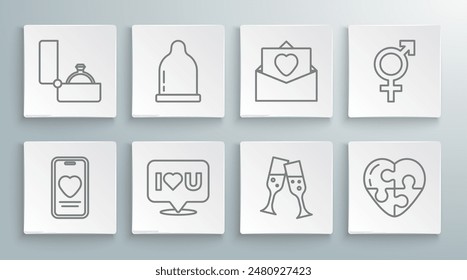 Set line Online dating app and chat, Condom, Speech bubble with I love you, Glass of champagne, Heart, Envelope Valentine heart, Gender and Diamond engagement ring icon. Vector
