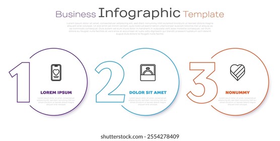 Set line Online dating app and chat, Diamond engagement ring and Candy heart shaped box. Business infographic template. Vector