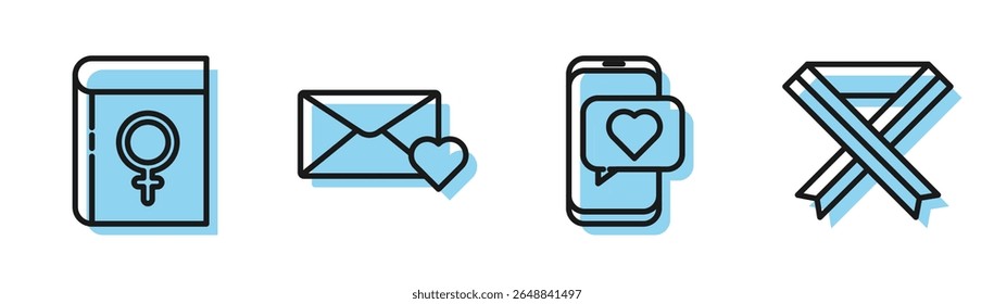 Set line Online namoro app e bate-papo, Livro sobre as mulheres, Envelope com 8 março e consciência de câncer de mama ícone da fita. Vetor