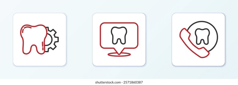 Set line Online dental care, Tooth treatment procedure and Dental clinic location icon. Vector