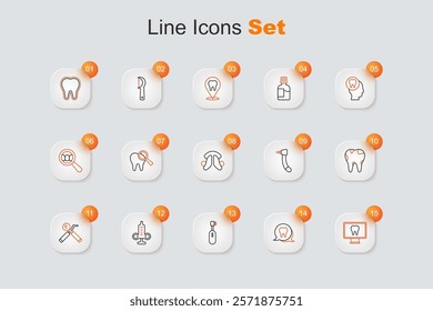 Set line Online dental care, Tooth, Electric toothbrush, Syringe, Dental mirror and probe, Broken, drill and plate icon. Vector