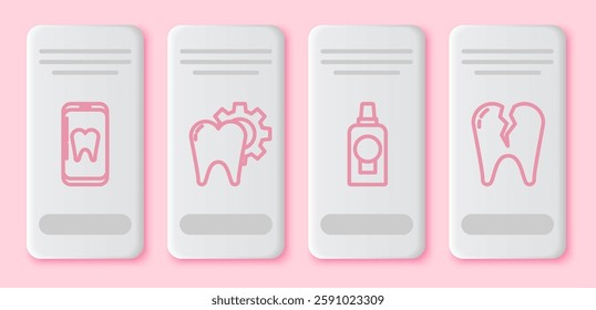 Set line Online dental care, Tooth treatment procedure, Mouthwash plastic bottle and Broken tooth. White rectangle button. Vector