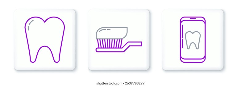 Set line Online dental care, Tooth and Toothbrush with toothpaste icon. Vector