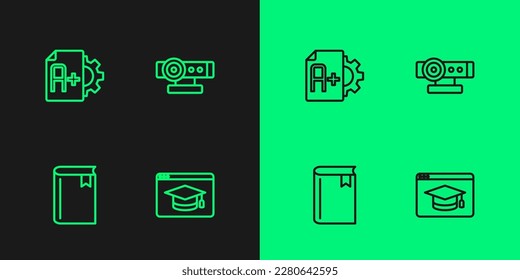 Set line Online education, Book, Exam sheet with A plus grade and Web camera icon. Vector