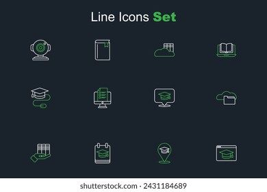 Set line Online education, Book donation, Cloud or online library, Graduation cap speech bubble, quiz, test, survey and with mouse icon. Vector