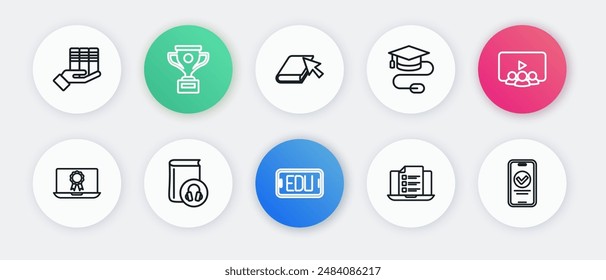 Set line Online education, class, with diploma, quiz, test, survey, Graduation cap mouse, book,  and Audio icon. Vector