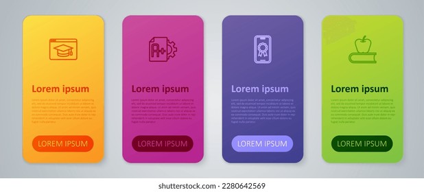 Set line Online education with diploma, Book apple,  and Exam sheet A plus grade. Business infographic template. Vector