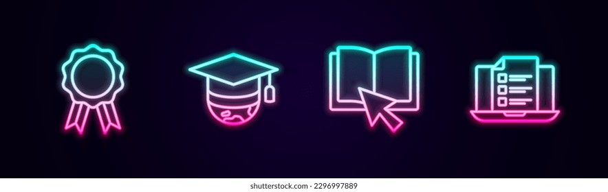 Set line Online education with diploma, Graduation cap globe, book and quiz, test, survey. Glowing neon icon. Vector