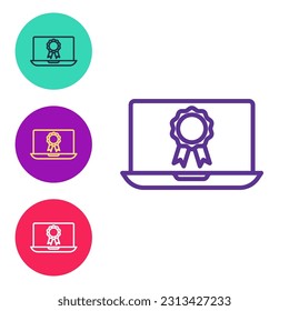 Set line Online education with diploma icon isolated on white background. Diploma online at home. Webinar and video seminar learning. Set icons colorful. Vector