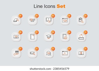 Set line Online education with diploma, play video, Graduation cap speech bubble, cursor, Book donation, apple, Audio book and globe icon. Vector
