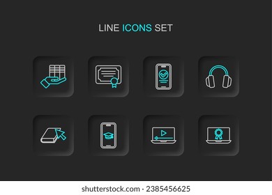 Set line Online education with diploma, play video, Graduation cap mobile, book, Headphones, quiz, test, survey, Certificate template and Book donation icon. Vector