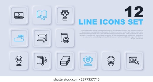 Set line Online education with diploma, Certificate template, Web camera, Cloud or online library, Electronic book mouse,  and Book icon. Vector