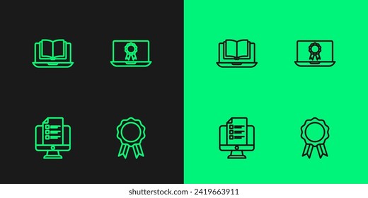 Set line Online education with diploma, quiz, test, survey, class and  icon. Vector