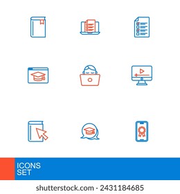 Set line Online education with diploma, Graduation cap speech bubble, book, play video, Student working laptop, quiz, test, survey and  icon. Vector