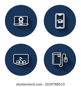 Set line Online education with diploma, Graduation cap mobile, class and Electronic book mouse with long shadow. Blue circle button. Vector