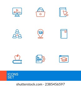 Online-Schulung, Prüfungsbogen mit A+-Klasse, Book-Apfel-Symbol, Klasse, Buch und Student-Arbeit Laptop-Symbol. Vektorgrafik