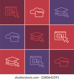 Set line Online education, Graduation cap with cursor and Cloud online library icon. Vector