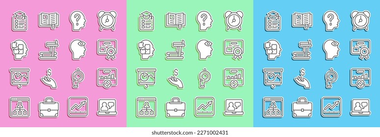 Set line Online education, Key performance indicator, Certificate template, Head with question mark, Treadmill machine, puzzles strategy,  and Man third eye icon. Vector