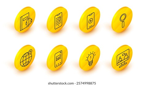 Set line Online education, Light bulb with concept of idea, Mobile phone, Location the globe, Magnifying glass, play video, book mobile and Audio icon. Vector
