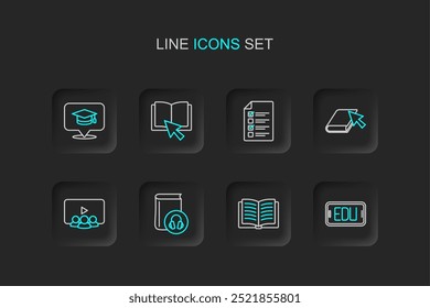 Set line Online education, Open book, Audio, class, quiz, test, survey,  and Graduation cap speech bubble icon. Vector