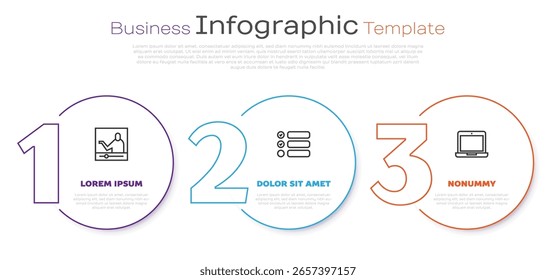 Establecer línea Educación en línea, lista de tareas y portátil. Plantilla de infografía de negocios. Vector