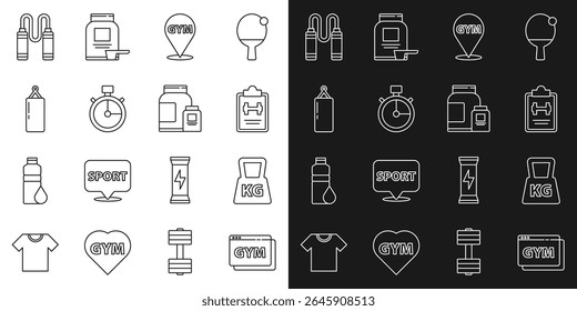 Set line Online fitness and training, Weight, Sport program, Location gym, Stopwatch, Punching bag, Jump rope and Sports nutrition icon. Vector