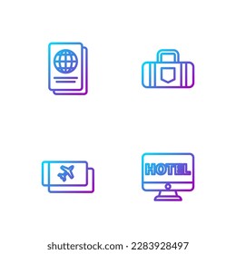 Set line Online hotel booking, Airline ticket, Passport and Suitcase. Gradient color icons. Vector